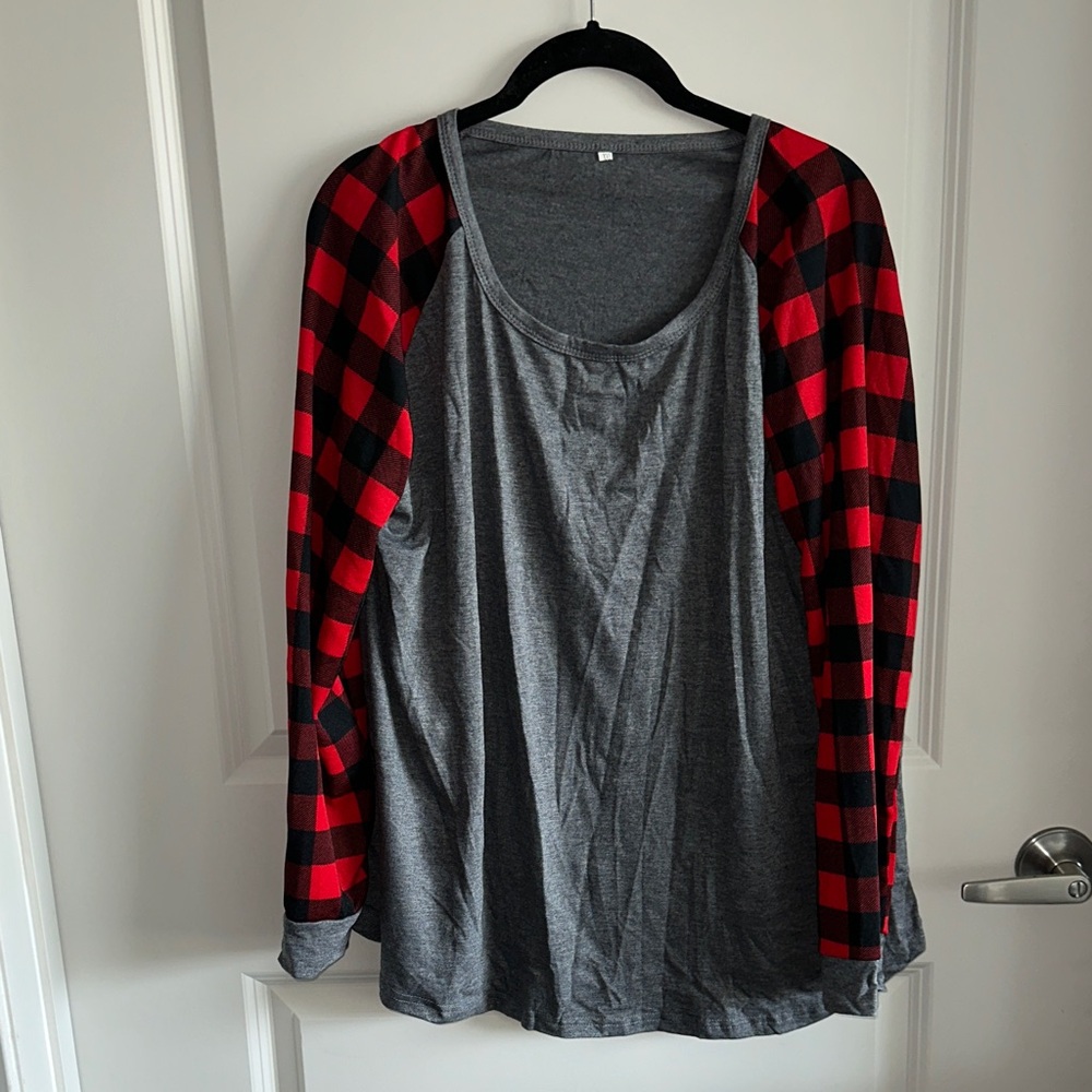 Gray and Red Plaid Sleeve Top